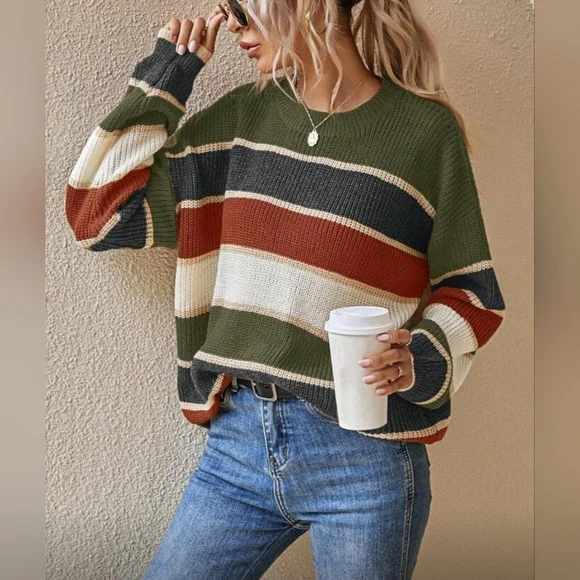 New Oversize Casual Multi Stripe Loose Sweater Top Green Rust Cream - Picture 6 of 8
